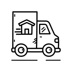Simple Line Art Illustration of a Moving Truck with a House Symbol on its Side and Speed Lines Indicating Motion on a Transparent Background