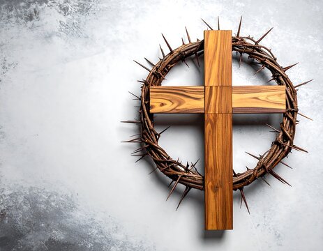 Wooden cross and crown of thorns on a textured surface