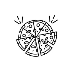 Simple Line Art of a Delicious Pizza Sliced and Ready to Eat With a Transparent Background and Sparkle Effects Around It