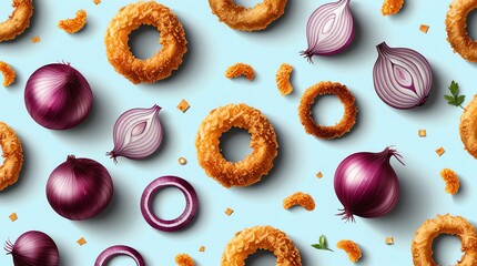 A patterned arrangement of whole red onions sliced red onions and fried onion rings on a light blue background