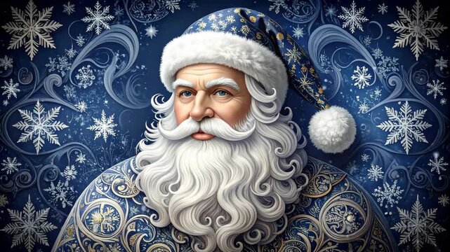 Elegant portrait of a traditional holiday figure wearing an ornate blue hat and robe surrounded by stylized white snowflakes