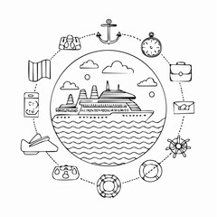 Line vector icons of cruise adventure: cruise, yacht, deck, helm, anchor, life preserver, seascape, binoculars.