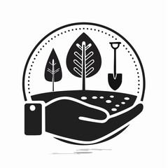 Solid style icons of tree planting and forest care: sapling icon, shovel and tree, reforestation badge, planted hand, seedling tray, tree protection icon, forest growth, native species icon.