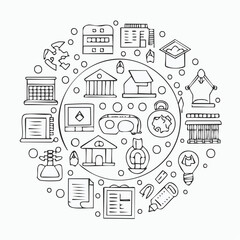 Line style icons of learning environments: study space icon, quiet area badge, library tag, group study file, classroom environment board, study room chart, productive space bubble, academic setting