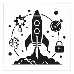 Launch Tools Icons. Solid style icons of launch tools: rocket icon, release date, rollout badge, system debut. Solid style of