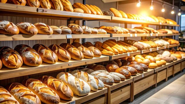 Abundant bakery display of freshly baked loaves on wooden shelves under warm lighting in shop filled with carbohydrate breads