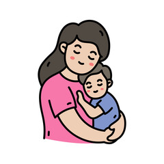 Mother Hugging Daughter Affectionate Embrace Gentle Pink Shirt Blue Shirt Peaceful Closed Eyes Transparent Background Loving Family Moment Tender Connection