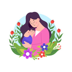 Mother Gently Hugs Her Sleeping Child Surrounded by Vibrant Flowers and Green Leaves Against a Soft Blue Sky Backdrop