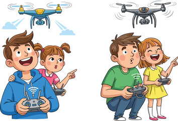 Children flying drones, kids operating remote control, outdoor fun activity, cartoon illustration, technology learning, playful hobby, teamwork, smiling faces, sky background