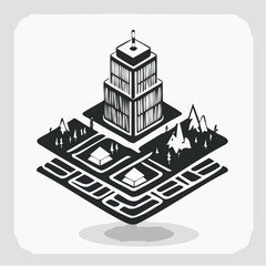 Solid style icons of 3D and advanced maps: 3D building icon, topography layers, elevation lines, AR map icon, drone view, map with height icon, 3D navigation path, city layers stack.