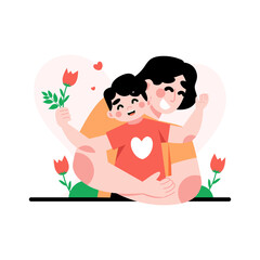 Mother Hugs Daughter With Flowers Heart Background And Pink Tulips Vibrant Colors Warm Feeling Of Love And Affection In Flat Design Style