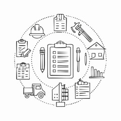 Line vector icons of construction and repair: work permit, daily report, inspection checklist, task sheet, safety briefing, labor schedule, team log, site records.