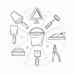 Line vector icons of construction and repair: mixing paddle, plaster bucket, stucco trowel, hawk board, corner trowel, surface float, render mesh, wet sponge.