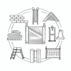 Line vector icons of construction and repair: roof tiles, roofing nailer, insulation roll, metal sheet, sealing tape, angle profile, roof ladder, ridge tile.