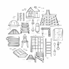 Line vector icons of construction and repair: roof tiles, roofing nailer, insulation roll, metal sheet, sealing tape, angle profile, roof ladder, ridge tile.