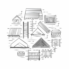 Line vector icons of construction and repair: roof tiles, roofing nailer, insulation roll, metal sheet, sealing tape, angle profile, roof ladder, ridge tile.