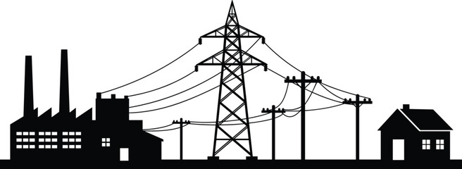 Electric power transmission and distribution system, energy supply from industrial power plant to residential house, electricity infrastructure vector illustration, black and white silhouette design
