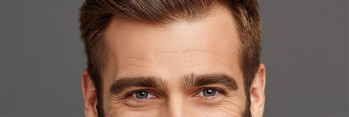Obraz premium Smiling Man With Blue Eyes and Well-Groomed Hair Against a Neutral Backdrop, Radiating Confidence and Warmth During a Casual Moment