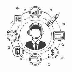 Line style icons of customer support and financial assistance: support agent icon, help chat bubble, request callback, financial advisor avatar, support ticket icon, refund request tag, issue report