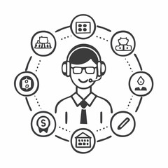 Line style icons of customer support and financial assistance: support agent icon, help chat bubble, request callback, financial advisor avatar, support ticket icon, refund request tag, issue report
