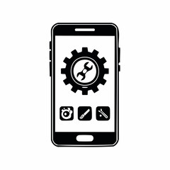 Mobile Tools Icons. Solid style icons of mobile tools: app icon, tap screen, layout view, quick action. Solid style of phone