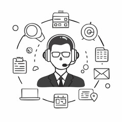 Line style icons of customer support and help systems: live agent icon, support ticket, FAQ icon, return help, shipping issue, product inquiry, warranty help, chatbot icon, customer service call,