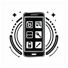 Mobile Tools Icons. Solid style icons of mobile tools: app icon, tap screen, layout view, quick action. Solid style of phone