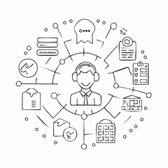 Line style icons of customer support and help systems: live agent icon, support ticket, FAQ icon, return help, shipping issue, product inquiry, warranty help, chatbot icon, customer service call,