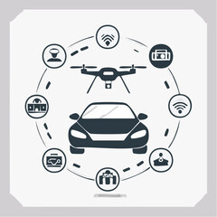 Solid style icons of autonomous mobility: self-driving car, drone taxi, AI pilot, smart traffic sensor, adaptive cruise icon, delivery drone, robot courier, lidar scanner.