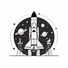 Vector illustration of space exploration with satellite, rocket, planets, and telescope. Bold flat style, suitable for science content
