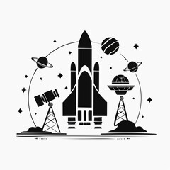 Vector illustration of space exploration with satellite, rocket, planets, and telescope. Bold flat style, suitable for science content