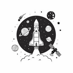 Vector illustration of space exploration with satellite, rocket, planets, and telescope. Bold flat style, suitable for science content