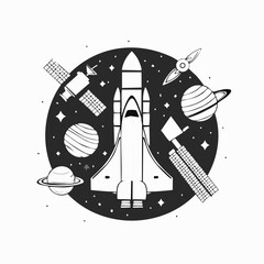 Vector illustration of space exploration with satellite, rocket, planets, and telescope. Bold flat style, suitable for science content