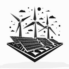Vector illustration in geometric style of sustainable energy sources shaped as geometric turbines and panels
