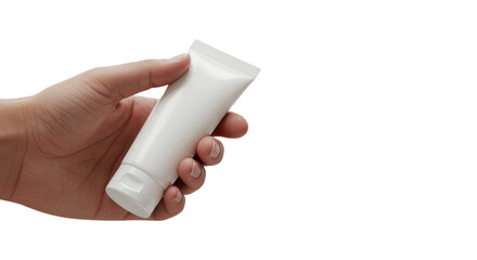 Hand holding tube isolated on white isolated on transparent background
