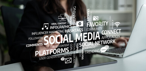A businesswoman interacts with a laptop while social media graphics overlay highlight digital marketing strategies, online engagement, and user interaction themes. Tessel
