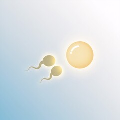 Two sperm swimming towards an egg cell on a subtle blue background. Reproduction and artificial insemination concept for medical or fertility clinic.