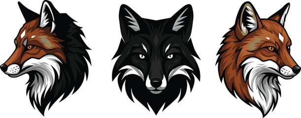 Fox and wolf head illustration, wild animal vector design, mascot logo collection, predator face art, wildlife graphic emblem, forest creature artwork © MdShahin