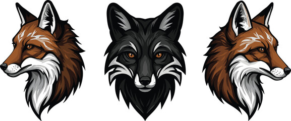 Fox and wolf head illustration, wild animal vector design, predator face artwork, forest wildlife mascot logo, nature inspired graphic emblem