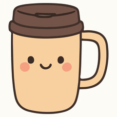 Cute cartoon illustration of a smiling coffee mug with a brown lid and cheerful expression, perfect for conveying warmth and happiness in beverage-related designs