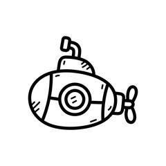 Simple Line Drawing of a Cartoon Submarine with a Propeller and Periscope on a Transparent Background
