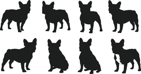 French bulldog silhouette set, standing and sitting dog poses, pet vector illustration, domestic animal design, puppy clipart, cute dog breed artwork for print and design projects