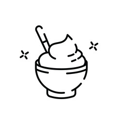 Simple line drawing of a bowl of whipped cream or frosting with a spoon and sparkling accents on a transparent background
