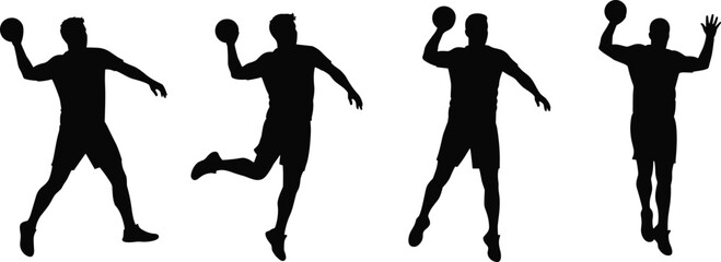  Handball player silhouette poses, male athlete throwing ball, sports action illustration, fitness training, dynamic movement, black vector figure, isolated design