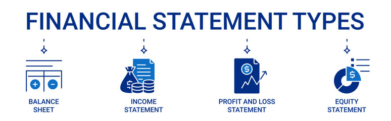 Financial Statements icon set with 4 types of financial statement. Balance sheet, income, cash flow, and equity statement vector icons