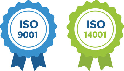 ISO certification badges vector illustration, ISO 9001 and ISO 14001 quality and environmental management standards icons for business compliance