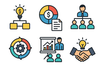 Fototapeta premium Business management and project strategy icon set. Vector symbols for corporate structure, workflow, and planning.