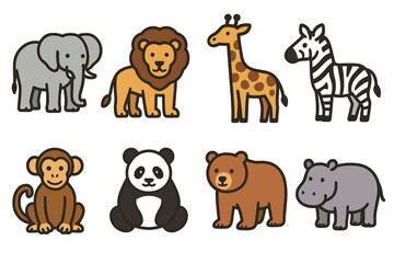 Fototapeta premium Cute cartoon zoo animal collection. Vector illustrations of an elephant, lion, giraffe, zebra, and other wildlife.