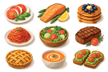 Collection of delicious meals and food dishes. Vector illustrations of breakfast, lunch, and dinner plates.