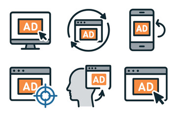 Digital advertising and online marketing icon set. Vector symbols for display ads, retargeting, and PPC campaigns.